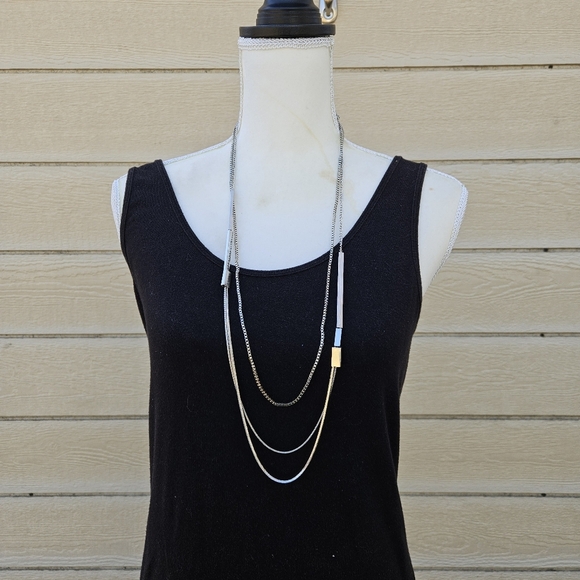 long silver tone layered chain necklace with sliding rectangular segments - Picture 1 of 3